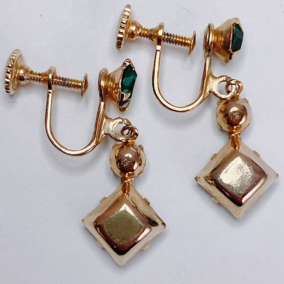 VTG 1940s 1950s Screw Back Earrings Green Rhinestone Cocktail Mid Century - Picture 7 of 9